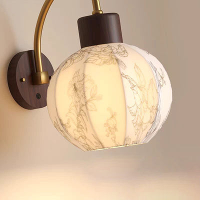 Traditional Vintage Spherical Cylinder Flower Pattern Iron Wooden Fabric 1-Light Wall Sconce Lamp For Bedroom
