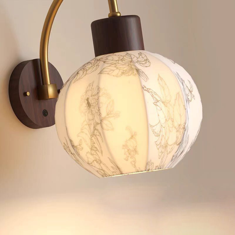 Traditional Vintage Spherical Cylinder Flower Pattern Iron Wooden Fabric 1-Light Wall Sconce Lamp For Bedroom