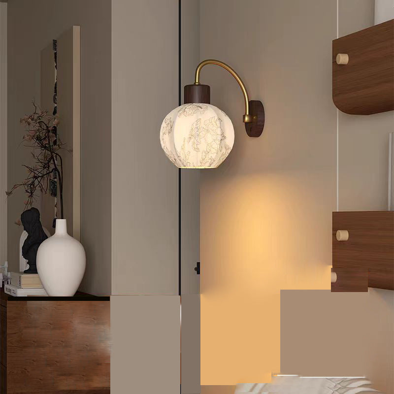 Traditional Vintage Spherical Cylinder Flower Pattern Iron Wooden Fabric 1-Light Wall Sconce Lamp For Bedroom