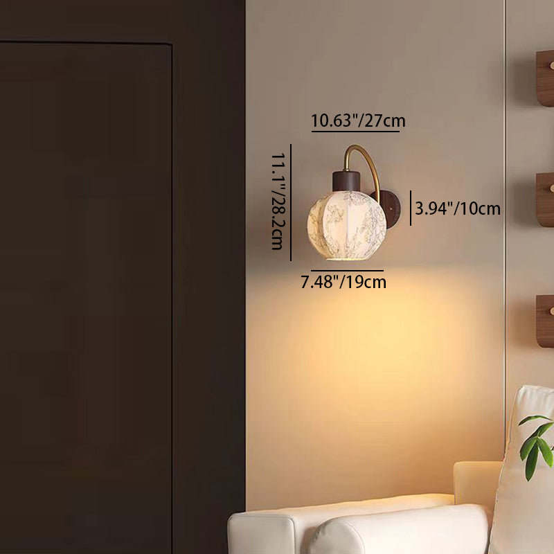 Traditional Vintage Spherical Cylinder Flower Pattern Iron Wooden Fabric 1-Light Wall Sconce Lamp For Bedroom