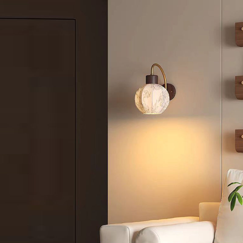 Traditional Vintage Spherical Cylinder Flower Pattern Iron Wooden Fabric 1-Light Wall Sconce Lamp For Bedroom