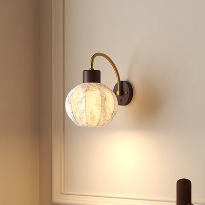Traditional Vintage Spherical Cylinder Flower Pattern Iron Wooden Fabric 1-Light Wall Sconce Lamp For Bedroom