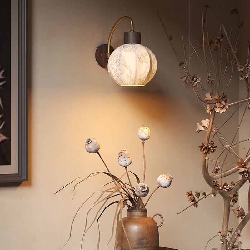 Traditional Vintage Spherical Cylinder Flower Pattern Iron Wooden Fabric 1-Light Wall Sconce Lamp For Bedroom