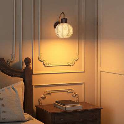 Traditional Vintage Spherical Cylinder Flower Pattern Iron Wooden Fabric 1-Light Wall Sconce Lamp For Bedroom