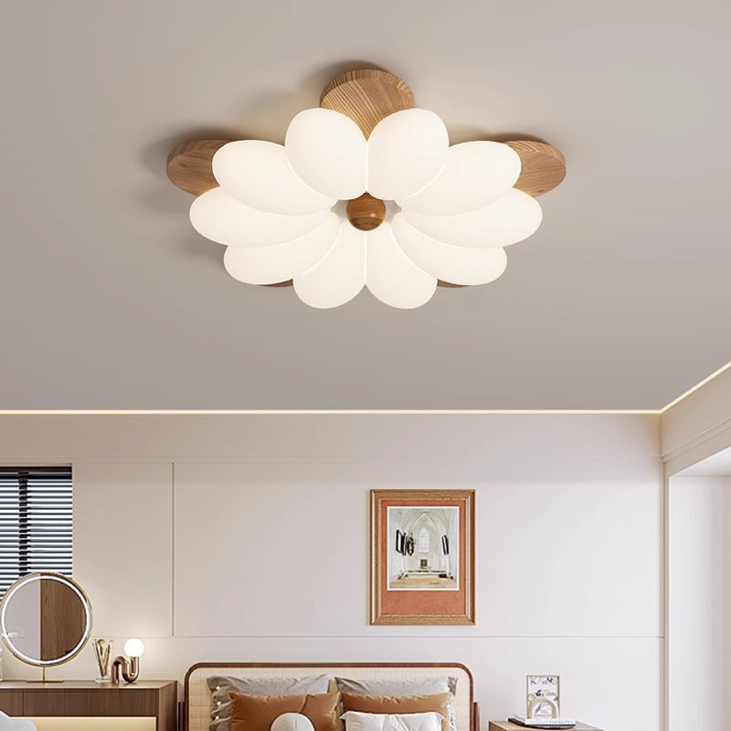 Traditional Vintage Flower Petal Iron Wooden Acrylic LED Flush Mount Ceiling Light For Bedroom