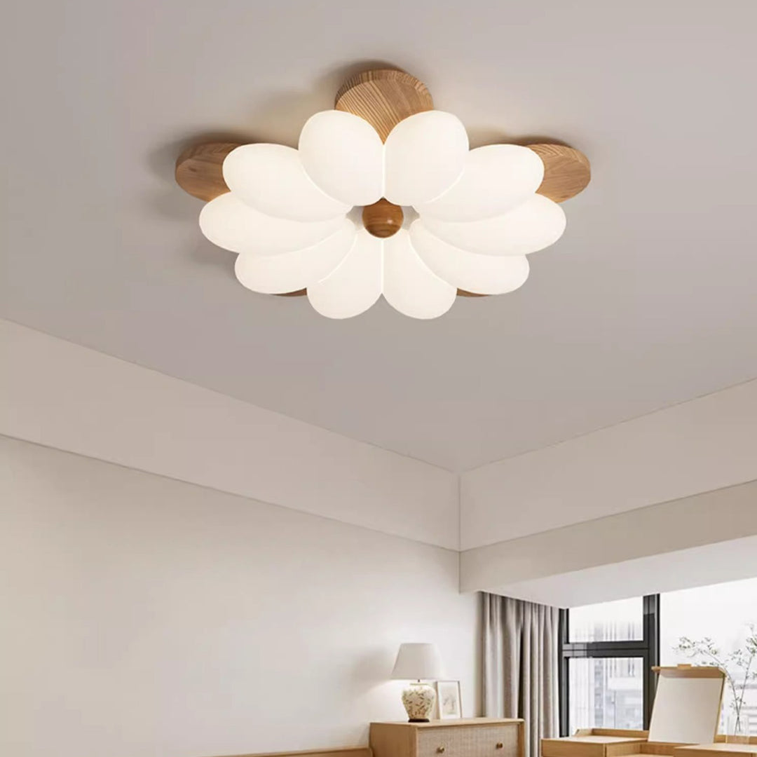 Traditional Vintage Flower Petal Iron Wooden Acrylic LED Flush Mount Ceiling Light For Bedroom