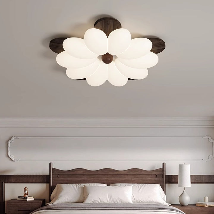 Traditional Vintage Flower Petal Iron Wooden Acrylic LED Flush Mount Ceiling Light For Bedroom