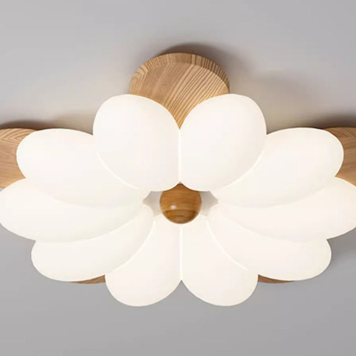 Traditional Vintage Flower Petal Iron Wooden Acrylic LED Flush Mount Ceiling Light For Bedroom