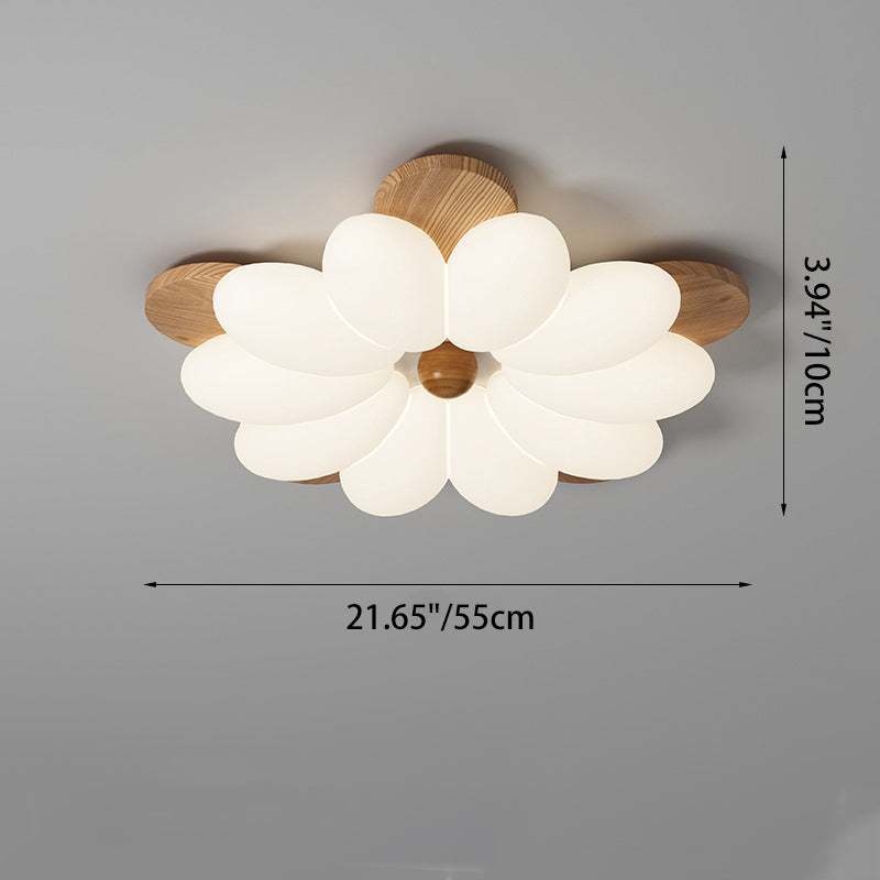 Traditional Vintage Flower Petal Iron Wooden Acrylic LED Flush Mount Ceiling Light For Bedroom