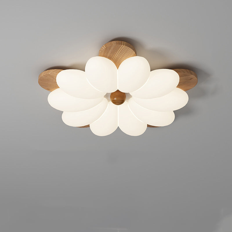 Traditional Vintage Flower Petal Iron Wooden Acrylic LED Flush Mount Ceiling Light For Bedroom