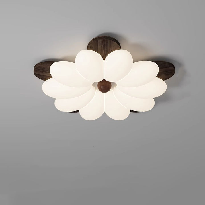 Traditional Vintage Flower Petal Iron Wooden Acrylic LED Flush Mount Ceiling Light For Bedroom