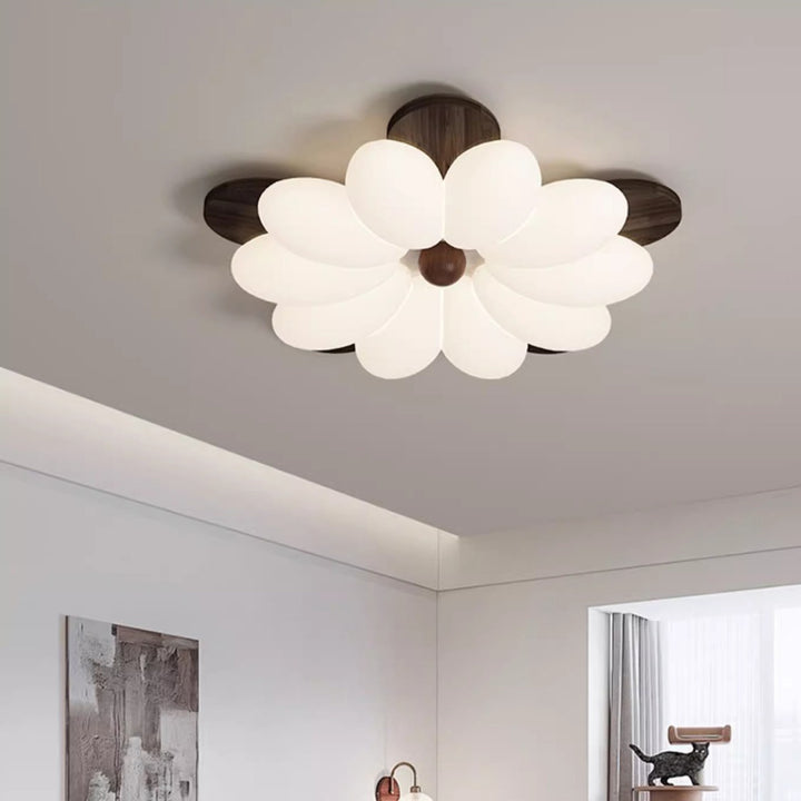 Traditional Vintage Flower Petal Iron Wooden Acrylic LED Flush Mount Ceiling Light For Bedroom