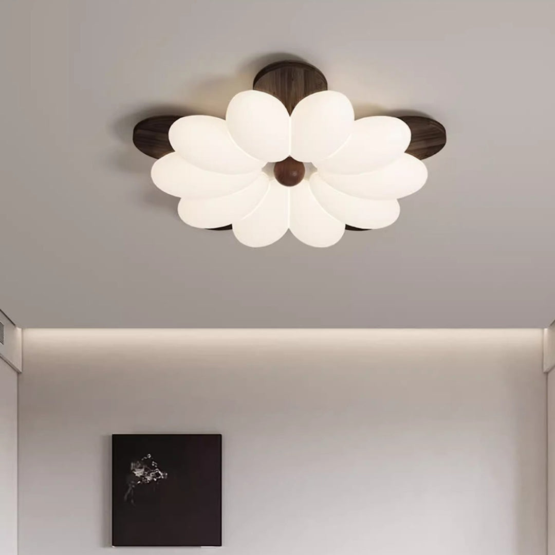 Traditional Vintage Flower Petal Iron Wooden Acrylic LED Flush Mount Ceiling Light For Bedroom