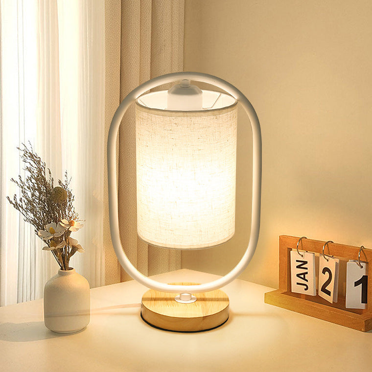 Zeitgenössische skandinavische ovale Zylinderlampe aus massivem Holz, Metall und Stoff mit 1 Licht für das Schlafzimmer 