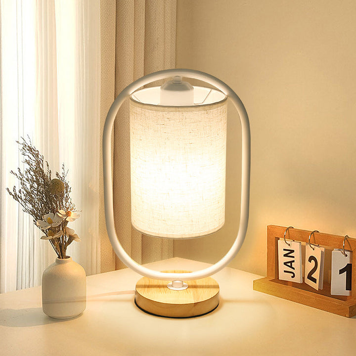 Zeitgenössische skandinavische ovale Zylinderlampe aus massivem Holz, Metall und Stoff mit 1 Licht für das Schlafzimmer 