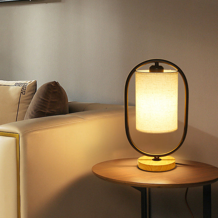Lámpara de mesa contemporánea escandinava de cilindro ovalado de madera maciza metal tela de 1 luz para dormitorio 