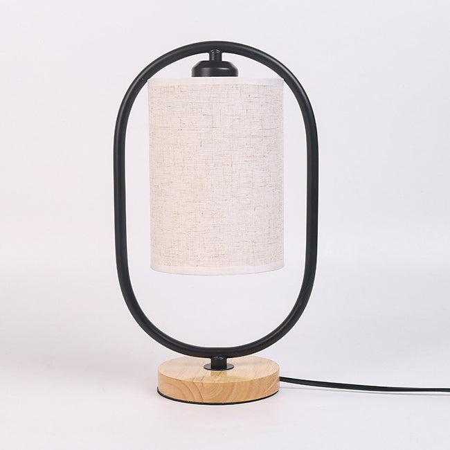 Zeitgenössische skandinavische ovale Zylinderlampe aus massivem Holz, Metall und Stoff mit 1 Licht für das Schlafzimmer 