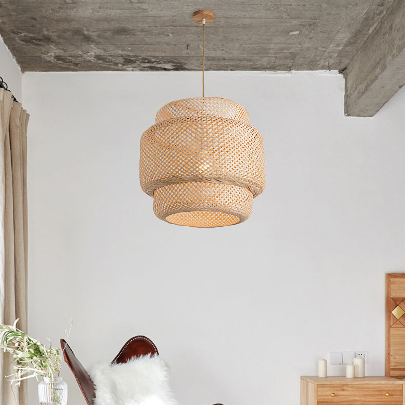 Contemporary Scandinavian Cylinder Reticulated Bamboo 1-Light Pendant Light For Living Room