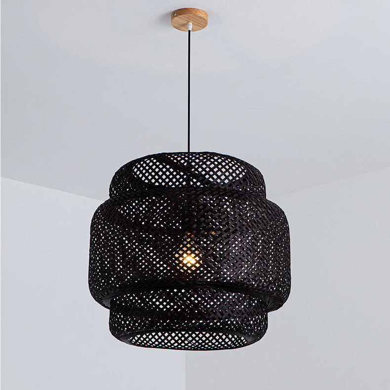 Suspension lumineuse contemporaine scandinave en bambou réticulé à 1 lumière pour salon 