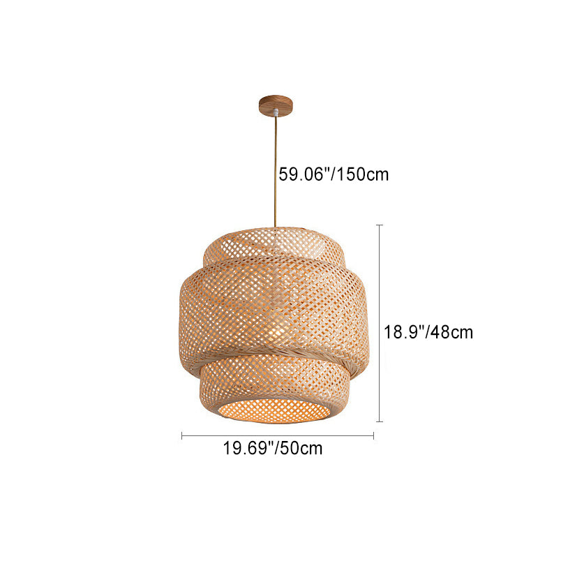 Contemporary Scandinavian Cylinder Reticulated Bamboo 1-Light Pendant Light For Living Room