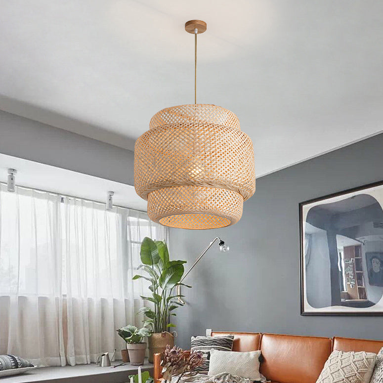 Suspension lumineuse contemporaine scandinave en bambou réticulé à 1 lumière pour salon 