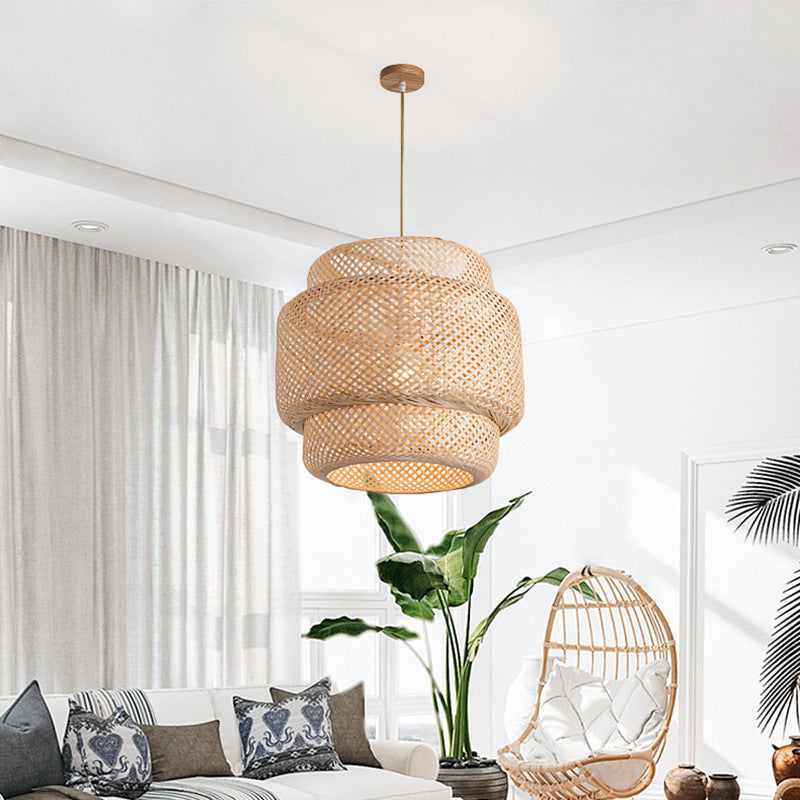 Suspension lumineuse contemporaine scandinave en bambou réticulé à 1 lumière pour salon 