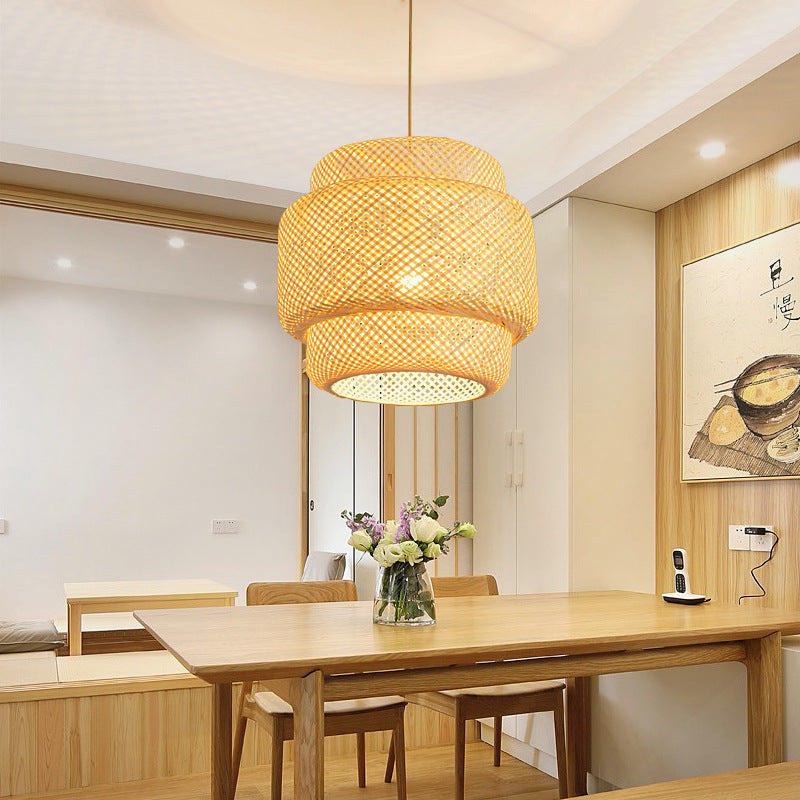 Contemporary Scandinavian Cylinder Reticulated Bamboo 1-Light Pendant Light For Living Room