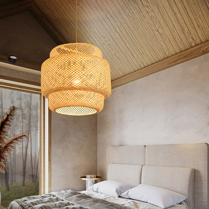Contemporary Scandinavian Cylinder Reticulated Bamboo 1-Light Pendant Light For Living Room