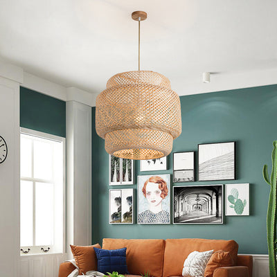 Suspension lumineuse contemporaine scandinave en bambou réticulé à 1 lumière pour salon 