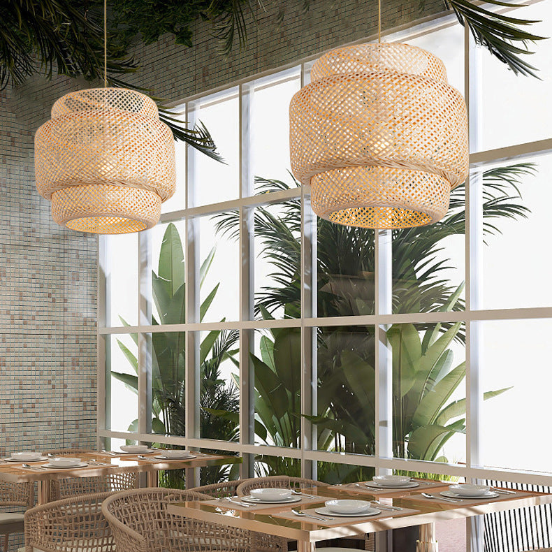Suspension lumineuse contemporaine scandinave en bambou réticulé à 1 lumière pour salon 