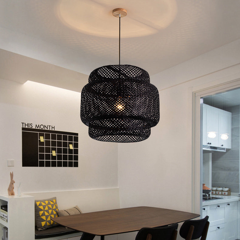 Suspension lumineuse contemporaine scandinave en bambou réticulé à 1 lumière pour salon 