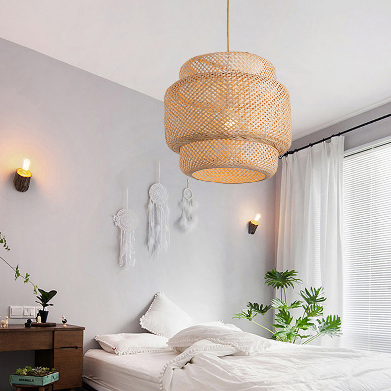 Suspension lumineuse contemporaine scandinave en bambou réticulé à 1 lumière pour salon 