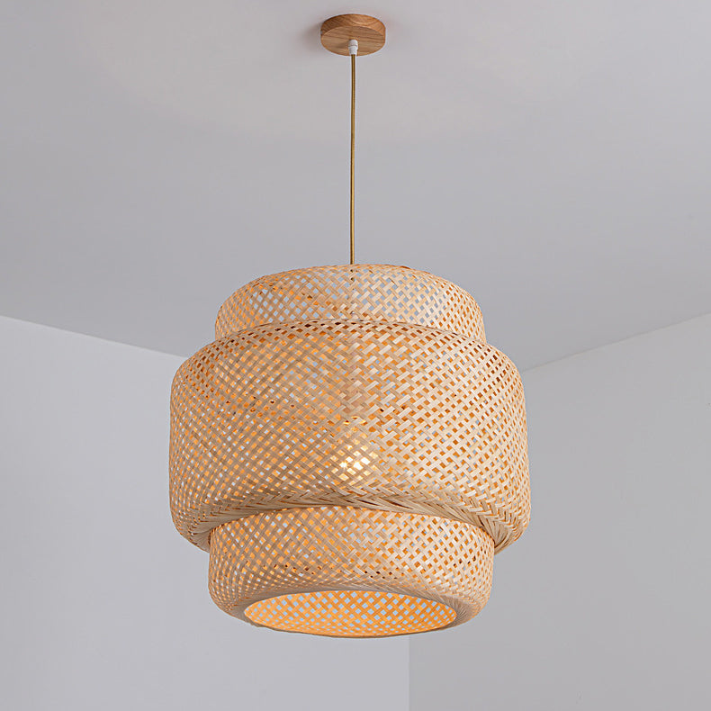 Suspension lumineuse contemporaine scandinave en bambou réticulé à 1 lumière pour salon 