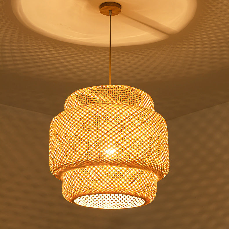 Suspension lumineuse contemporaine scandinave en bambou réticulé à 1 lumière pour salon 