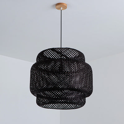 Suspension lumineuse contemporaine scandinave en bambou réticulé à 1 lumière pour salon 
