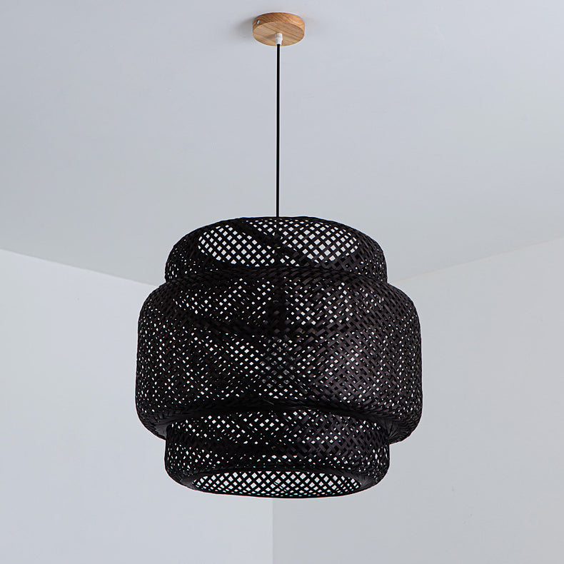 Suspension lumineuse contemporaine scandinave en bambou réticulé à 1 lumière pour salon 