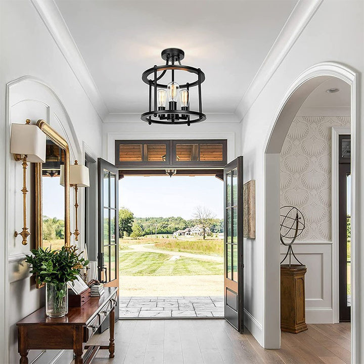 Traditionelle Vintage Ring Eisen 3-Licht Semi-Flush Mount Deckenleuchte für Wohnzimmer 