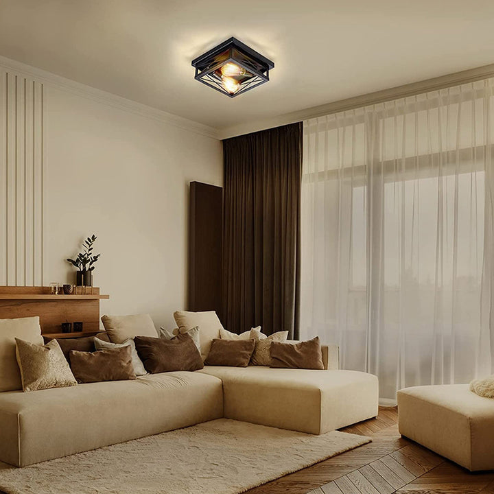 Traditional Vintage Square Rectangular Iron 2-Light Flush Mount Ceiling Light For Living Room