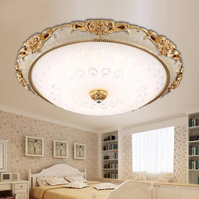 Traditional European Semicircle Shell Pattern Rose Pattern Hardware Glass LED Flush Mount Ceiling Light For Bedroom