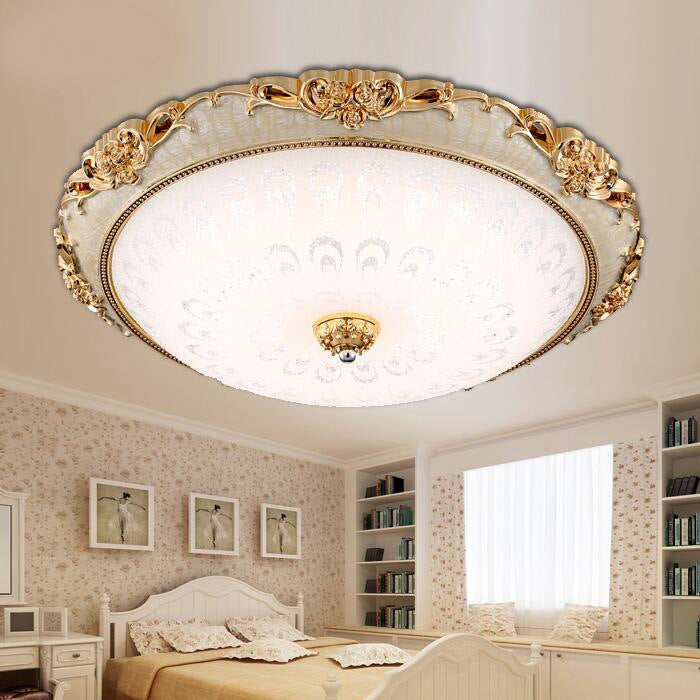 Traditional European Semicircle Shell Pattern Rose Pattern Hardware Glass LED Flush Mount Ceiling Light For Bedroom