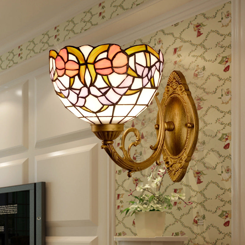 Traditional Tiffany Semicircle Lotus Iron Glass 1-Light Wall Sconce Lamp For Bedroom