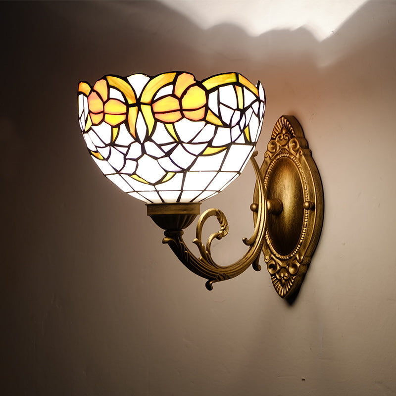 Traditional Tiffany Semicircle Lotus Iron Glass 1-Light Wall Sconce Lamp For Bedroom