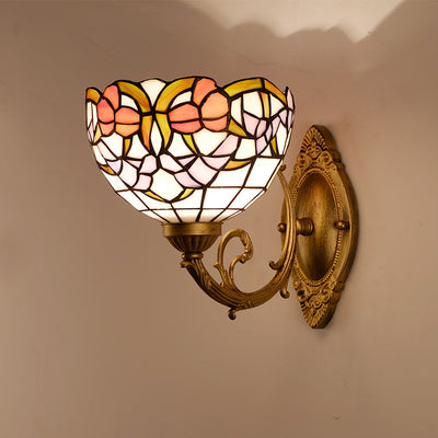 Traditional Tiffany Semicircle Lotus Iron Glass 1-Light Wall Sconce Lamp For Bedroom