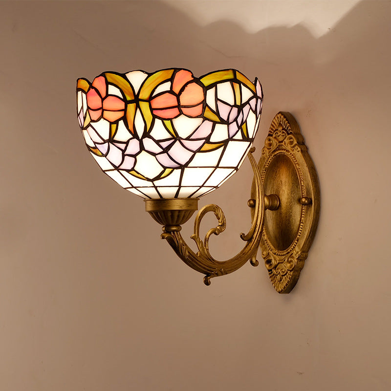 Traditional Tiffany Semicircle Lotus Iron Glass 1-Light Wall Sconce Lamp For Bedroom