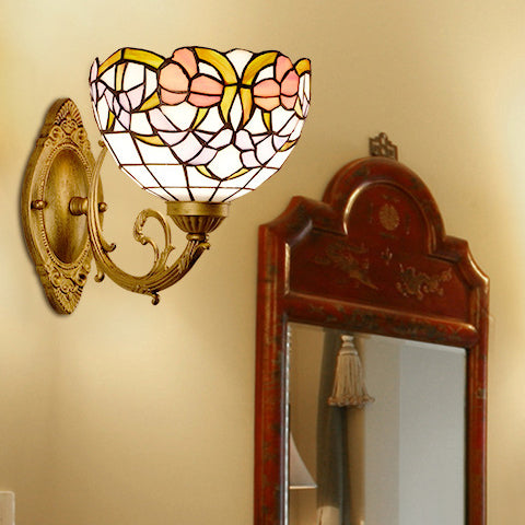 Traditional Tiffany Semicircle Lotus Iron Glass 1-Light Wall Sconce Lamp For Bedroom