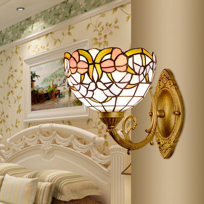 Traditional Tiffany Semicircle Lotus Iron Glass 1-Light Wall Sconce Lamp For Bedroom