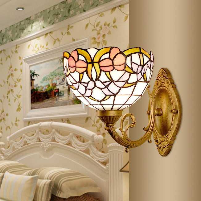 Traditional Tiffany Semicircle Lotus Iron Glass 1-Light Wall Sconce Lamp For Bedroom
