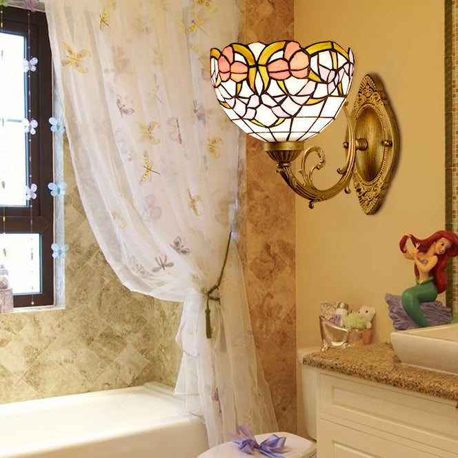 Traditional Tiffany Semicircle Lotus Iron Glass 1-Light Wall Sconce Lamp For Bedroom