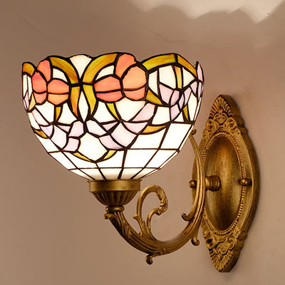 Traditional Tiffany Semicircle Lotus Iron Glass 1-Light Wall Sconce Lamp For Bedroom