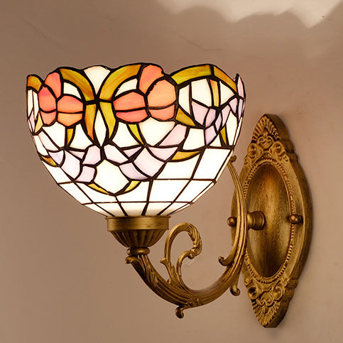 Traditional Tiffany Semicircle Lotus Iron Glass 1-Light Wall Sconce Lamp For Bedroom